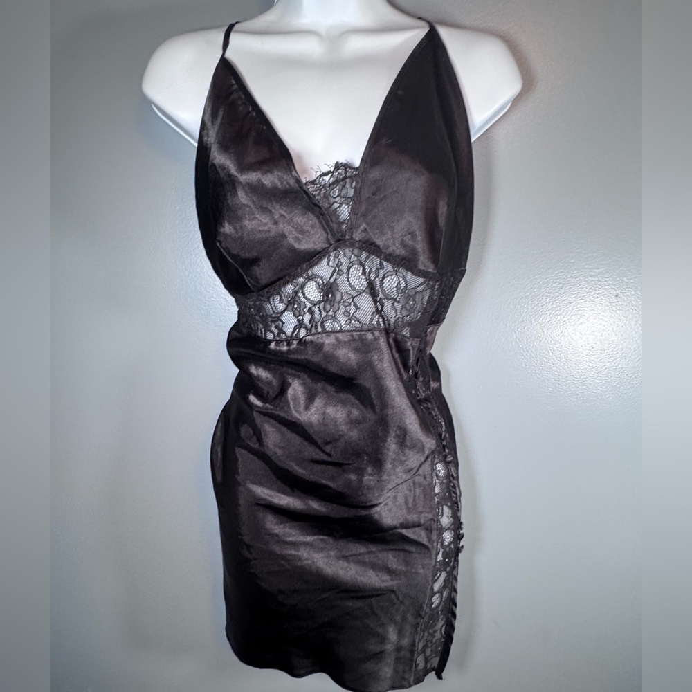 Black Satin Lace Slip Dress Mini Y2K Lingerie Style Adjustable Straps Size Small - Picture 3 of 9